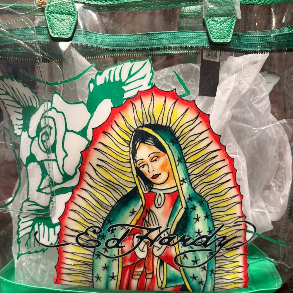 Ed Hardy Graphic Green Virgin Mary Clear Tote Bag NWT